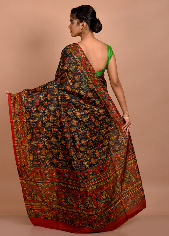 Black Printed Pure Silk Saree With Blouse Piece - Indian Silk House Agencies