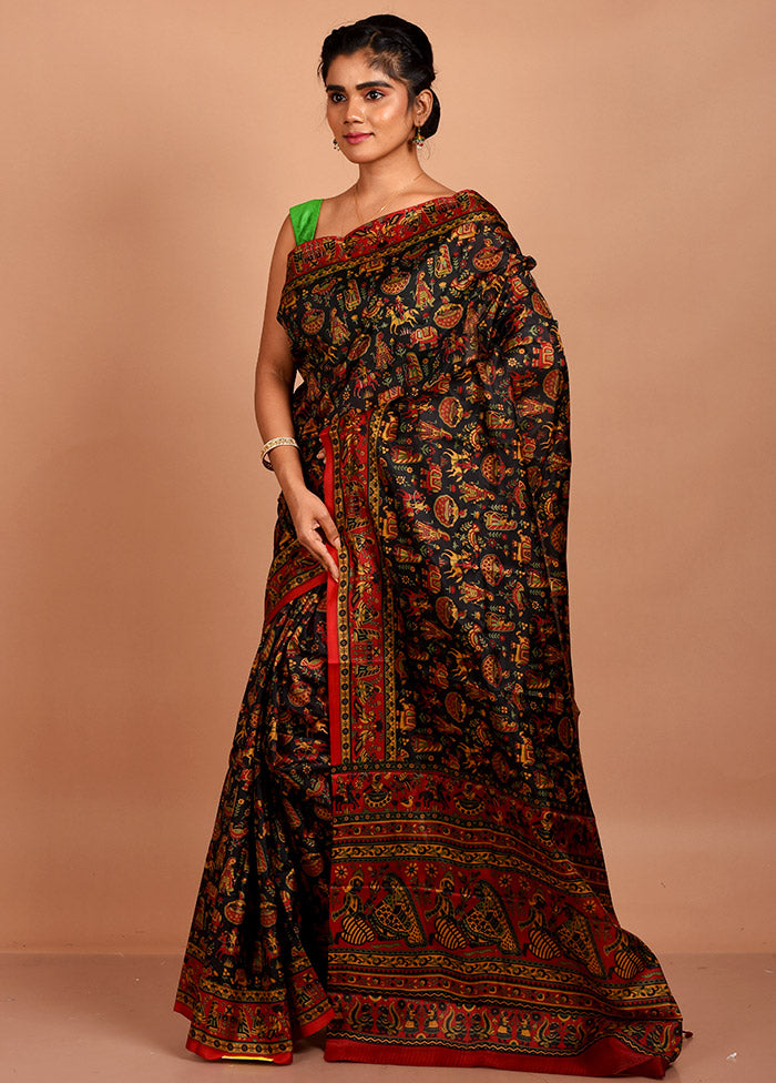 Black Printed Pure Silk Saree With Blouse Piece - Indian Silk House Agencies