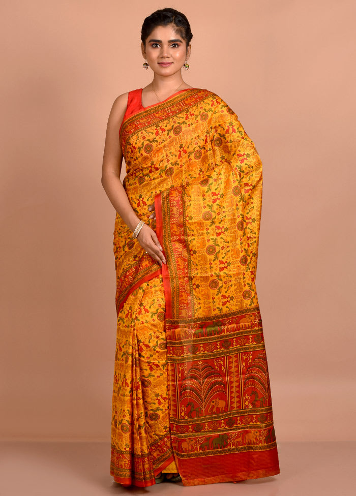 Yellow Printed Pure Silk Saree With Blouse Piece - Indian Silk House Agencies