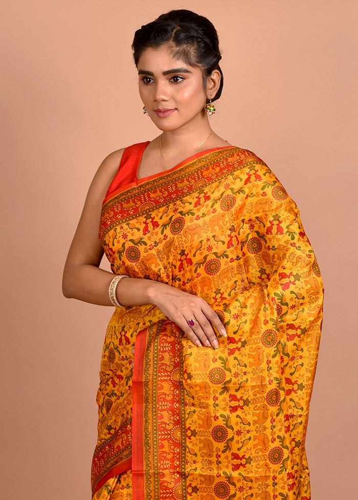 Yellow Printed Pure Silk Saree With Blouse Piece - Indian Silk House Agencies