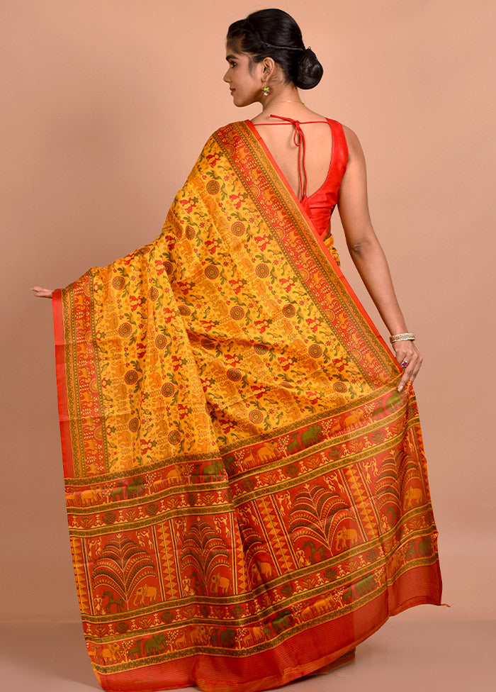 Yellow Printed Pure Silk Saree With Blouse Piece - Indian Silk House Agencies