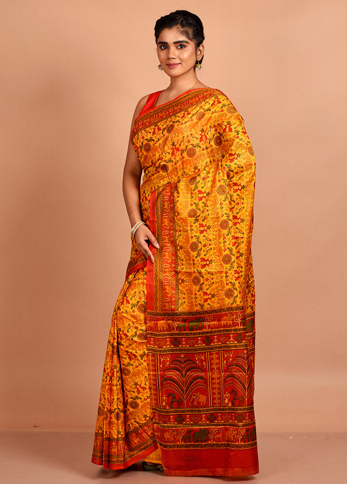 Yellow Printed Pure Silk Saree With Blouse Piece - Indian Silk House Agencies