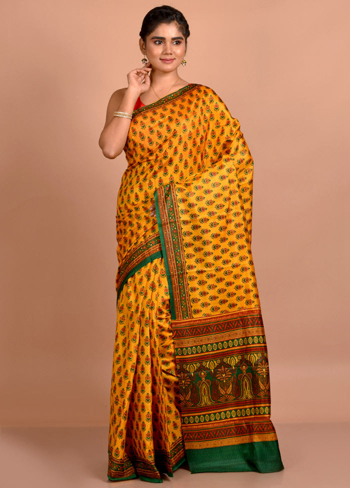 Yellow Printed Pure Silk Saree With Blouse Piece - Indian Silk House Agencies