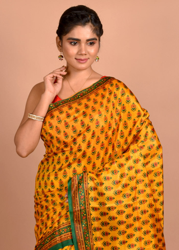 Yellow Printed Pure Silk Saree With Blouse Piece - Indian Silk House Agencies