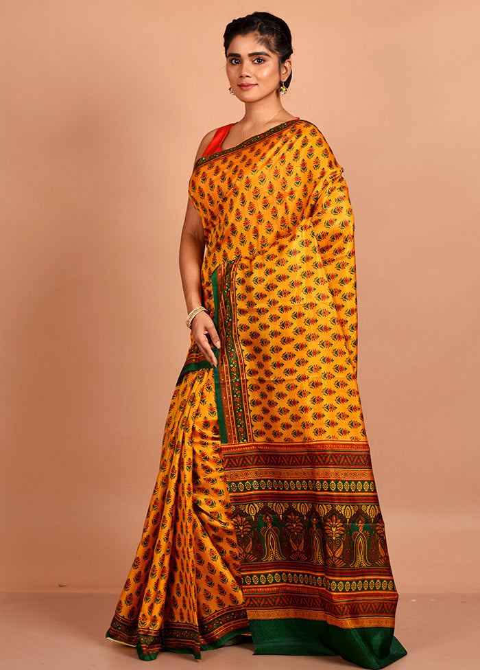 Yellow Printed Pure Silk Saree With Blouse Piece - Indian Silk House Agencies