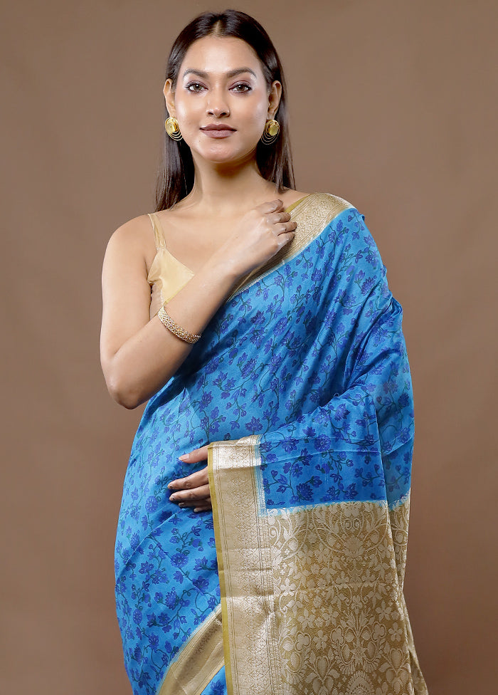 Blue Printed Pure Silk Saree With Blouse Piece - Indian Silk House Agencies