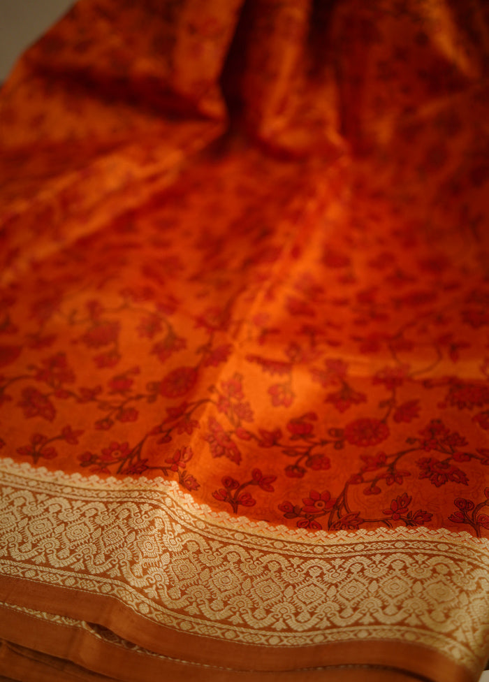 Rust Printed Pure Silk Saree With Blouse Piece - Indian Silk House Agencies