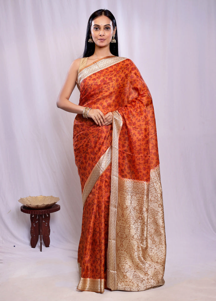 Rust Printed Pure Silk Saree With Blouse Piece - Indian Silk House Agencies