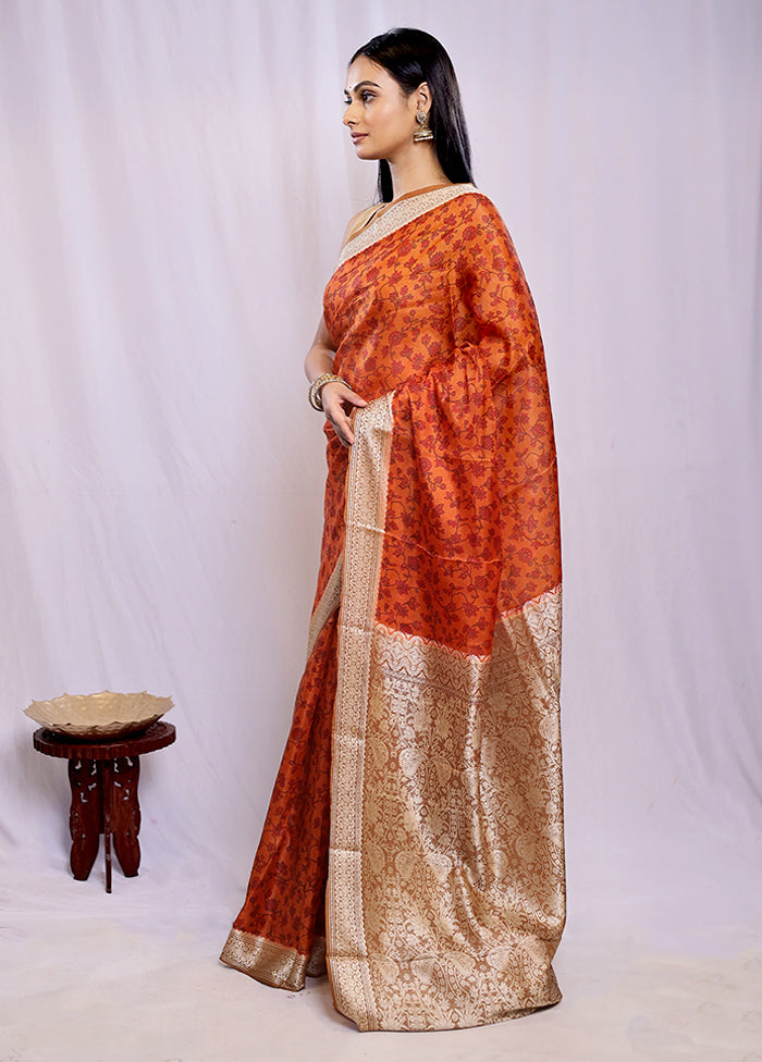 Rust Printed Pure Silk Saree With Blouse Piece - Indian Silk House Agencies