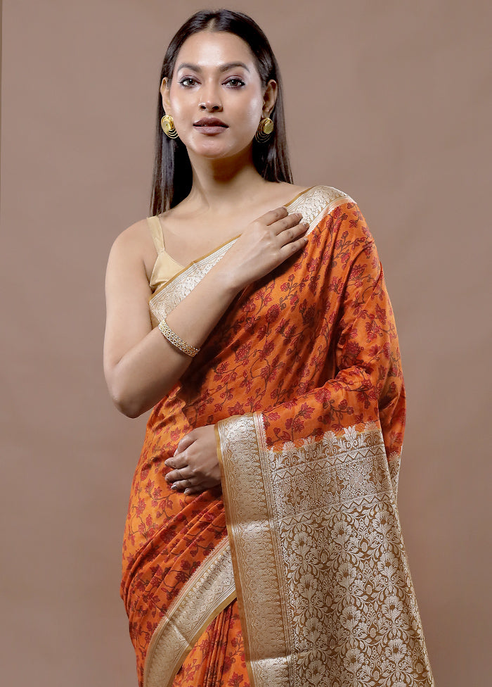 Rust Printed Pure Silk Saree With Blouse Piece - Indian Silk House Agencies