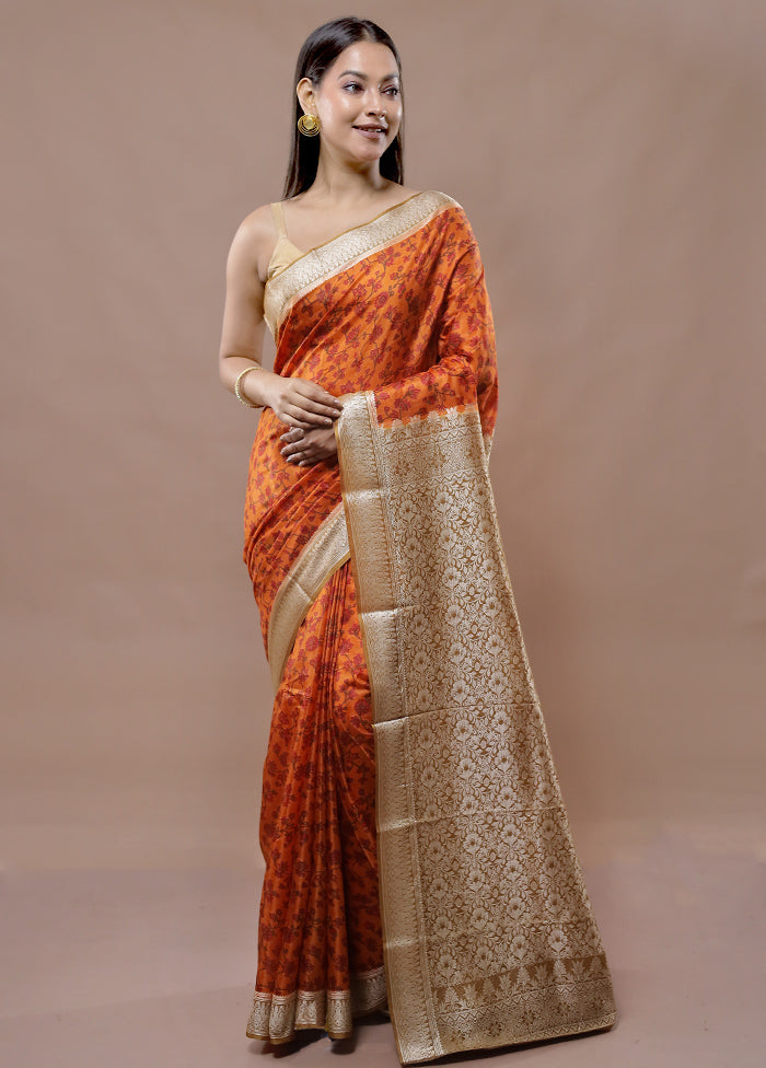 Rust Printed Pure Silk Saree With Blouse Piece - Indian Silk House Agencies