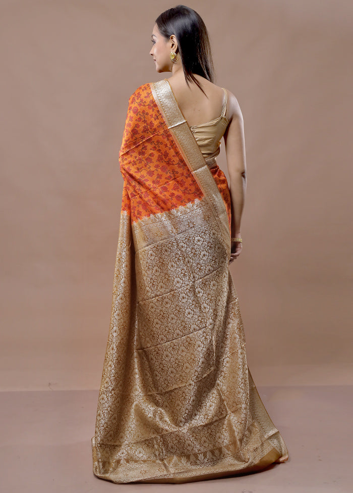 Rust Printed Pure Silk Saree With Blouse Piece - Indian Silk House Agencies