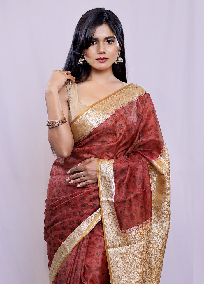 Rust Printed Pure Silk Saree With Blouse Piece - Indian Silk House Agencies