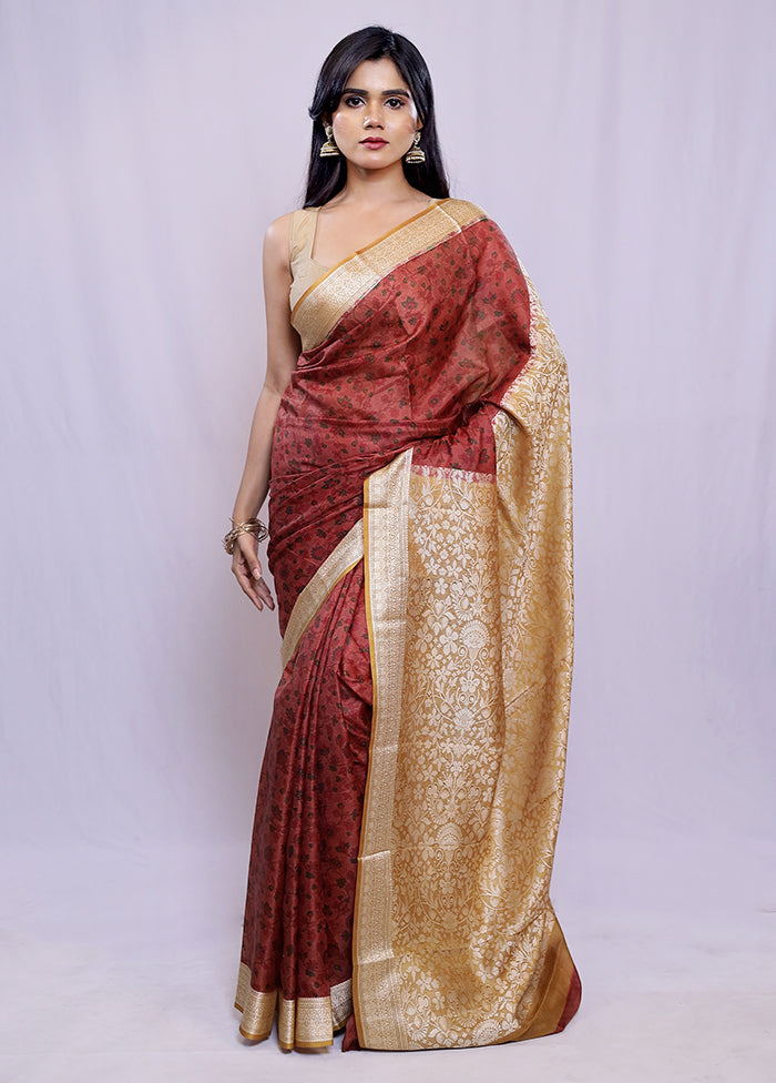 Rust Printed Pure Silk Saree With Blouse Piece - Indian Silk House Agencies