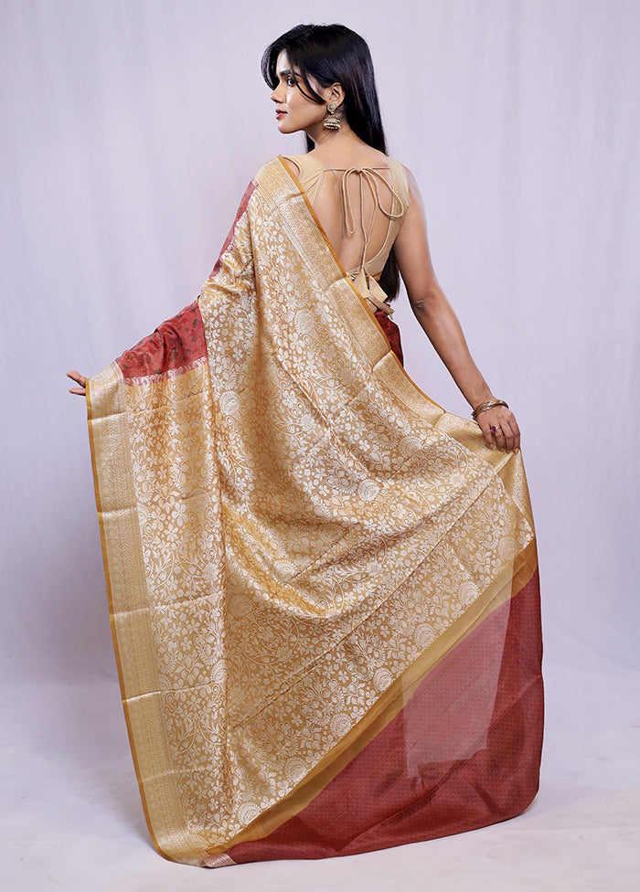 Rust Printed Pure Silk Saree With Blouse Piece - Indian Silk House Agencies