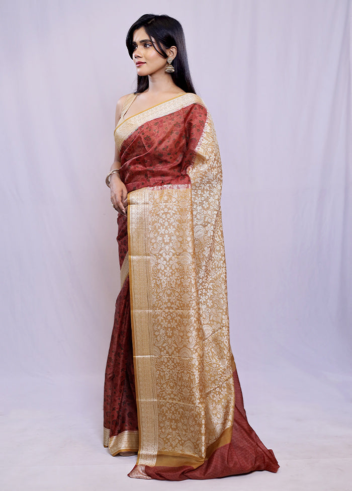 Rust Printed Pure Silk Saree With Blouse Piece - Indian Silk House Agencies