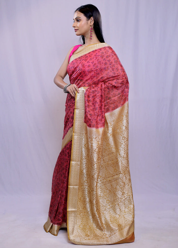 Pink Printed Pure Silk Saree With Blouse Piece - Indian Silk House Agencies