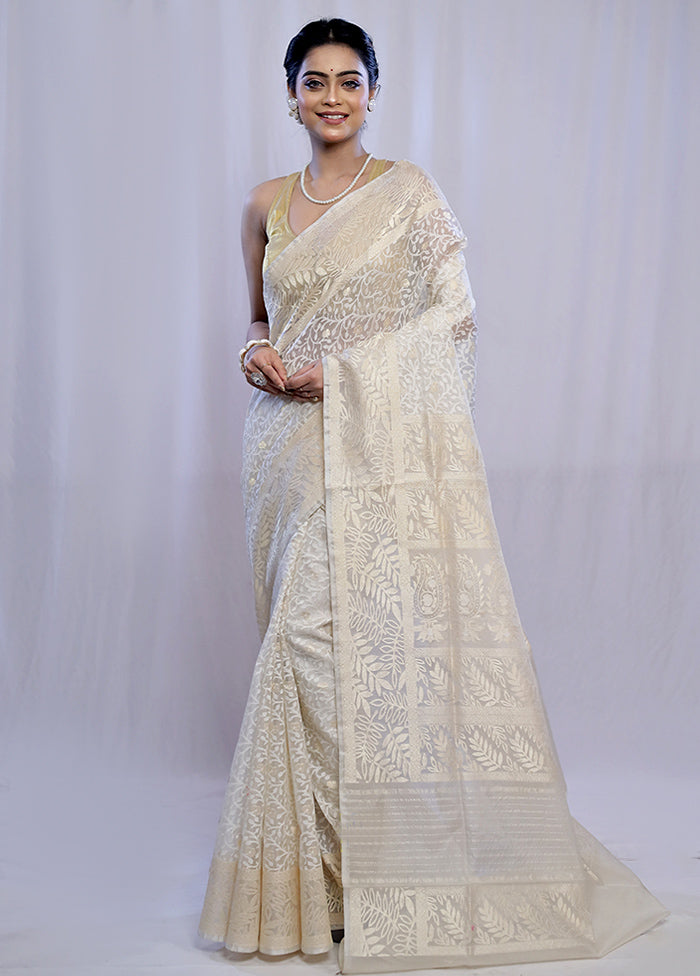 Cream Kora Pure Silk Saree With Blouse Piece - Indian Silk House Agencies