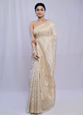 Cream Kora Pure Silk Saree With Blouse Piece - Indian Silk House Agencies