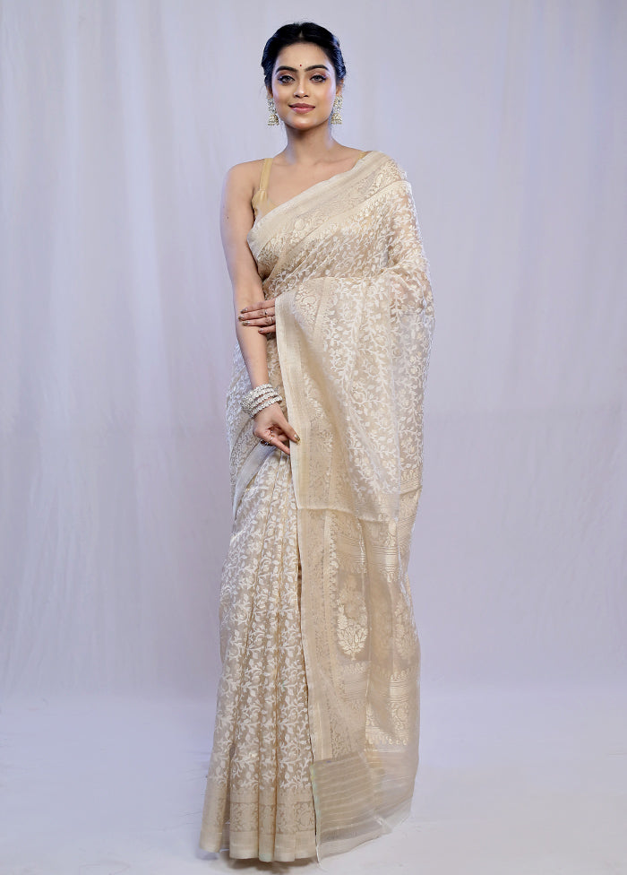 Cream Kora Pure Silk Saree With Blouse Piece - Indian Silk House Agencies