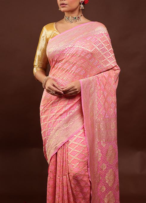 Pink Handloom Pure Georgette Saree With Blouse Piece