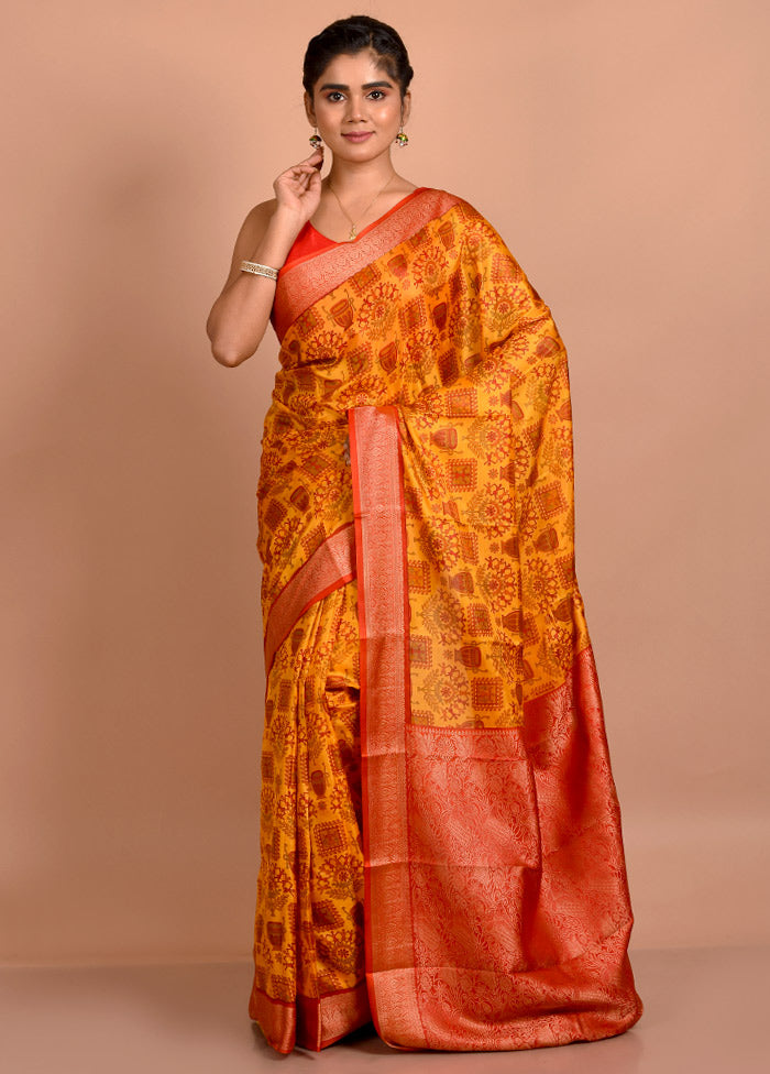 Yellow Printed Pure Silk Saree With Blouse Piece - Indian Silk House Agencies