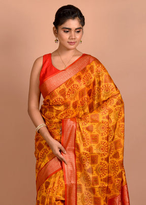 Yellow Printed Pure Silk Saree With Blouse Piece - Indian Silk House Agencies