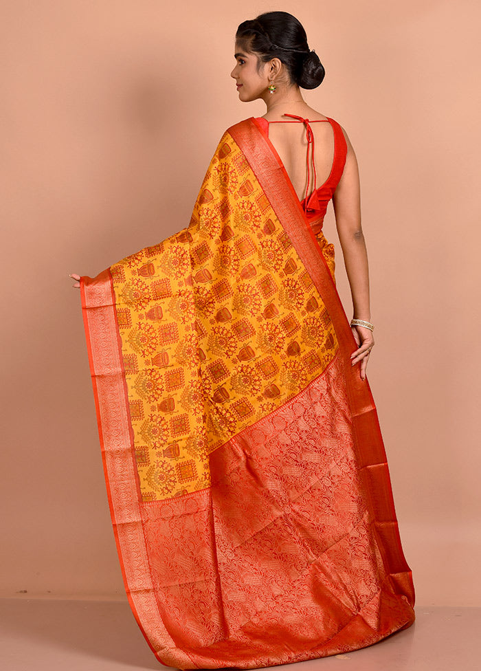 Yellow Printed Pure Silk Saree With Blouse Piece - Indian Silk House Agencies