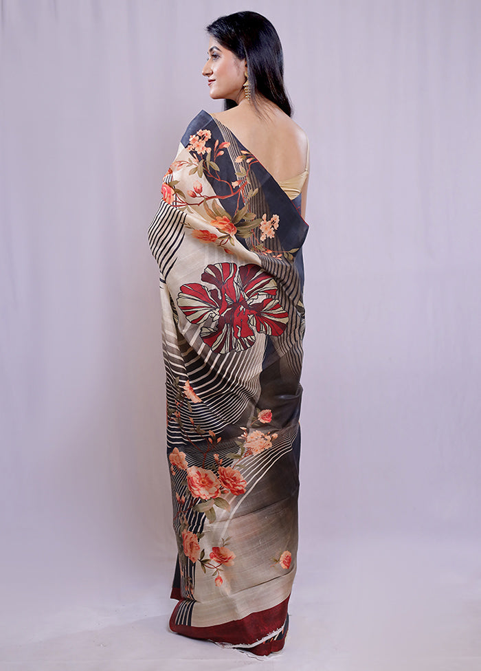 Cream Printed Pure Silk Saree With Blouse Piece - Indian Silk House Agencies