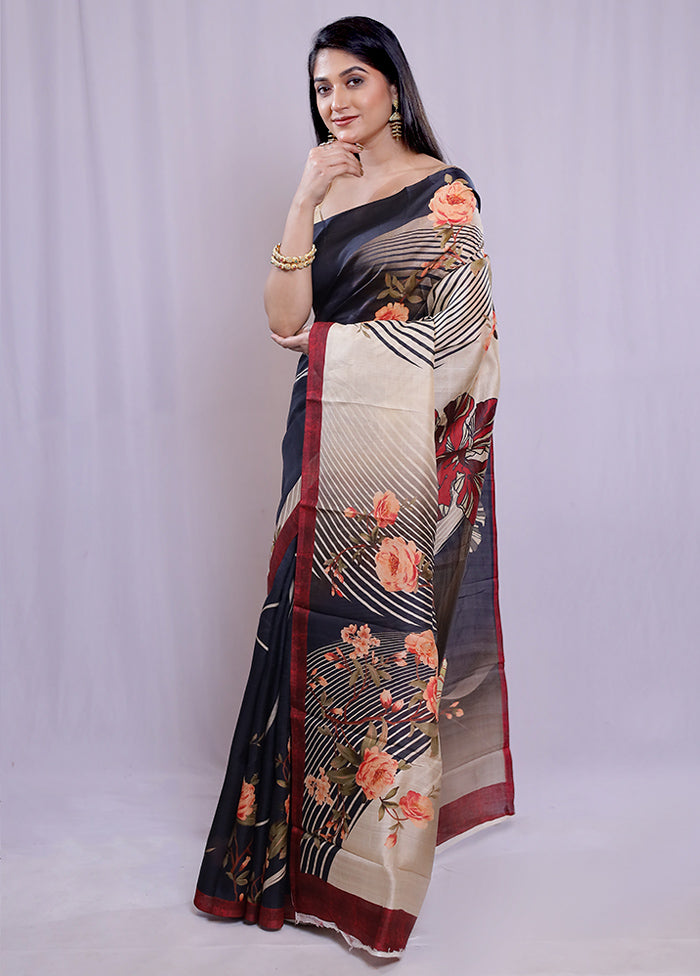 Cream Printed Pure Silk Saree With Blouse Piece - Indian Silk House Agencies