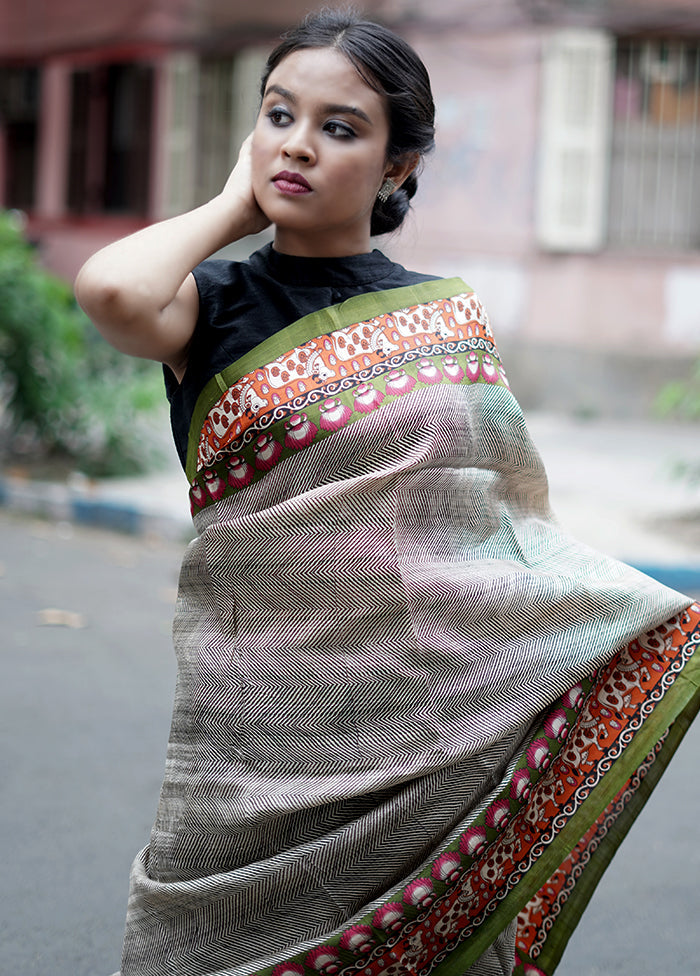 Grey Printed Pure Silk Saree With Blouse Piece - Indian Silk House Agencies