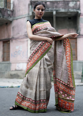 Grey Printed Pure Silk Saree With Blouse Piece - Indian Silk House Agencies