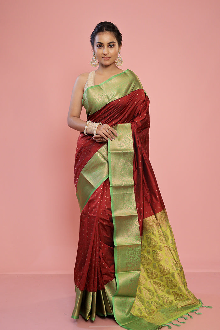 Maroon Kanjivaram Silk Saree With Blouse Piece - Indian Silk House Agencies