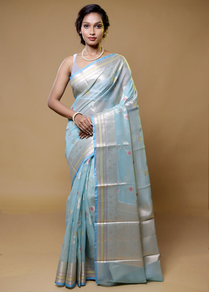 Blue Organza Saree With Blouse Piece