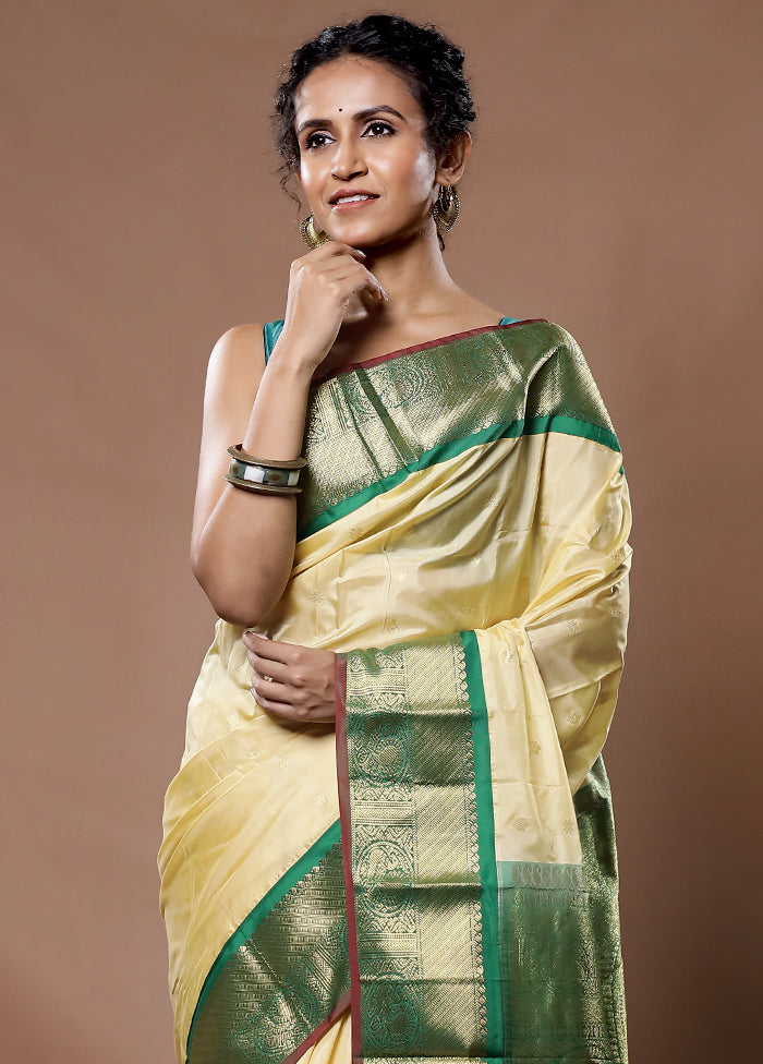 Cream Kanjivaram Silk Saree With Blouse Piece - Indian Silk House Agencies