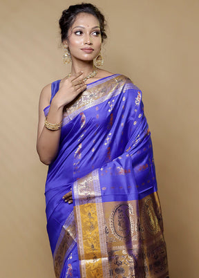 Blue Handloom Baluchari Pure Silk Saree With Blouse Piece