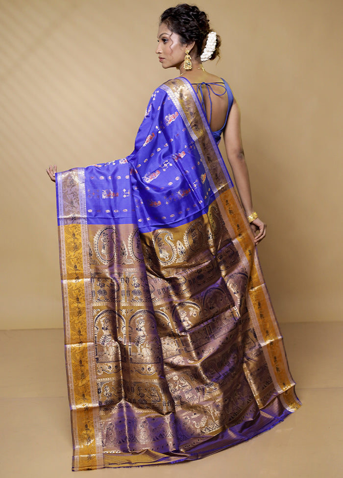 Blue Handloom Baluchari Pure Silk Saree With Blouse Piece