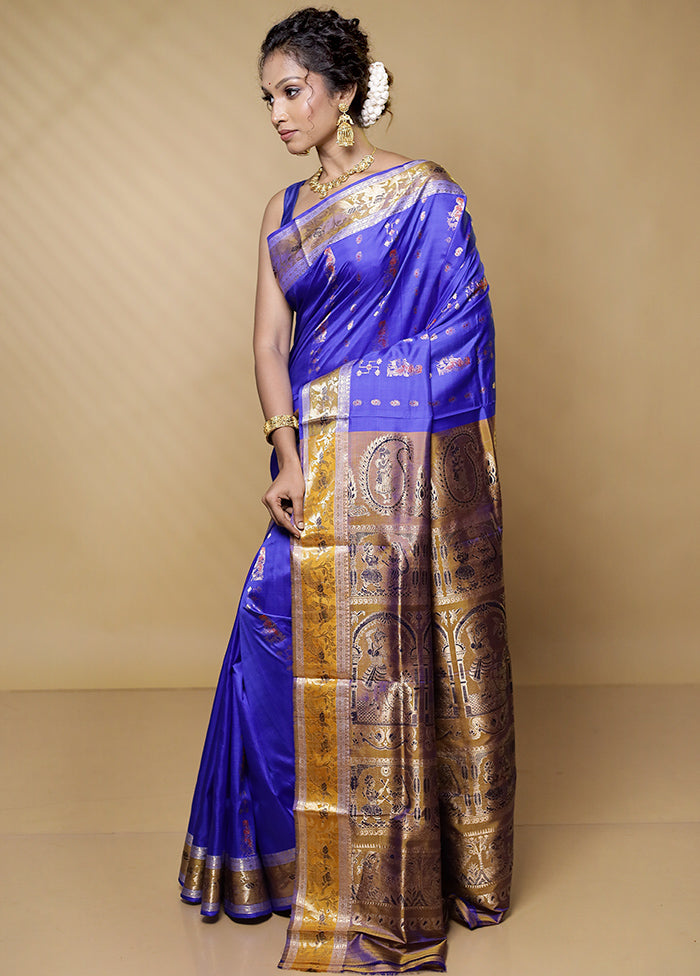 Blue Handloom Baluchari Pure Silk Saree With Blouse Piece