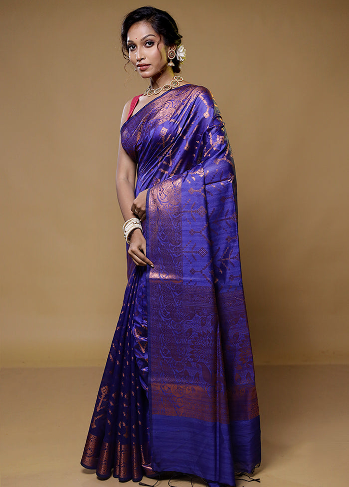 Blue Dupion Silk Saree With Blouse Piece