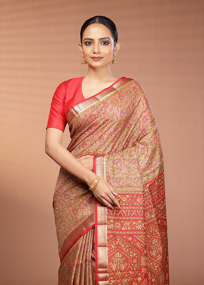 Green Printed Pure Silk Saree Without Blouse Piece