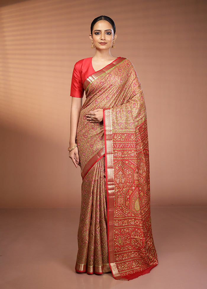 Green Printed Pure Silk Saree Without Blouse Piece