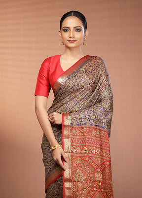 Blue Printed Pure Silk Saree Without Blouse Piece