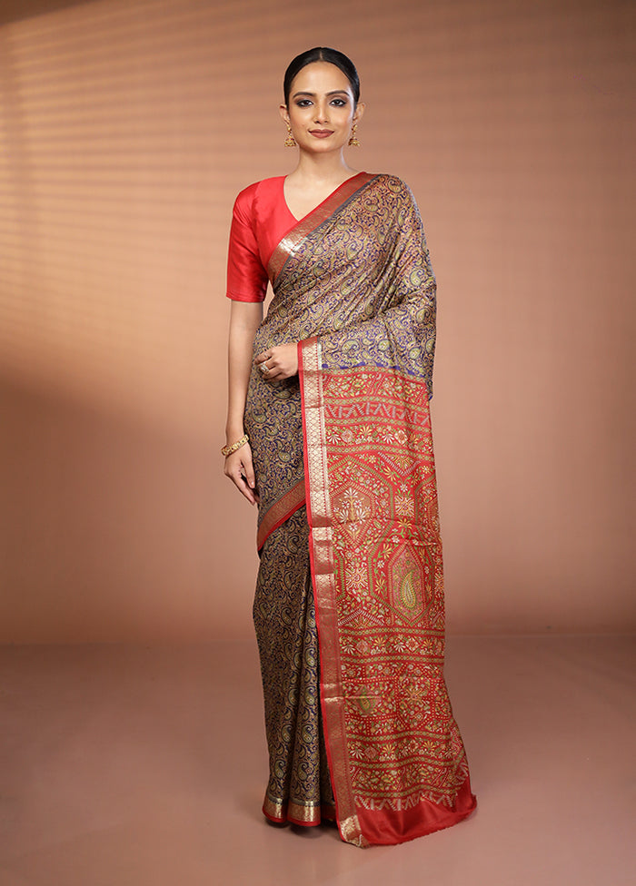 Blue Printed Pure Silk Saree Without Blouse Piece