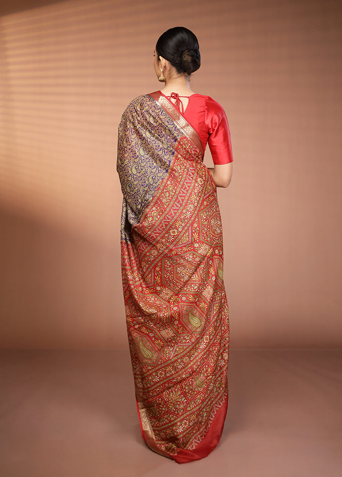 Blue Printed Pure Silk Saree Without Blouse Piece