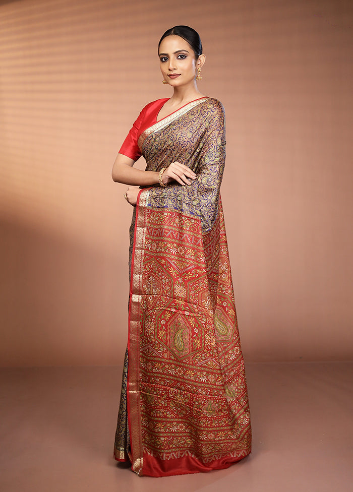 Blue Printed Pure Silk Saree Without Blouse Piece