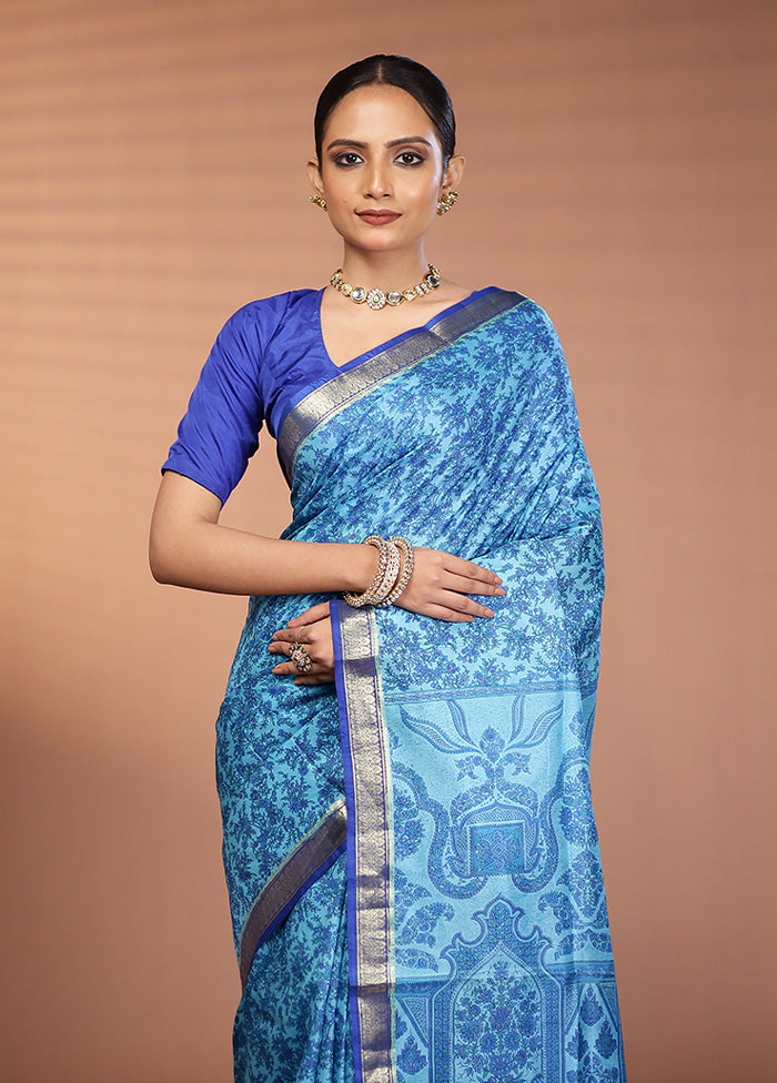 Blue Printed Pure Silk Saree Without Blouse Piece