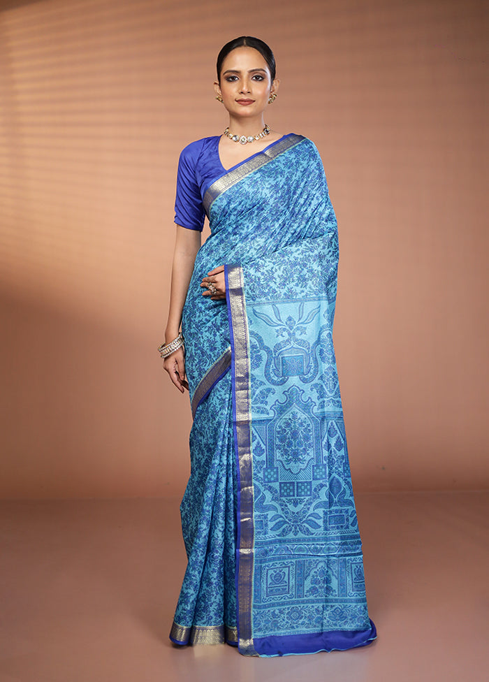 Blue Printed Pure Silk Saree Without Blouse Piece