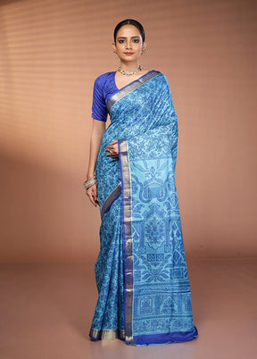 Blue Printed Pure Silk Saree Without Blouse Piece