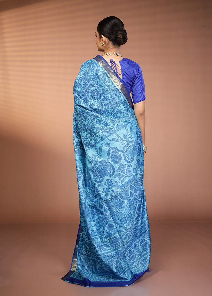 Blue Printed Pure Silk Saree Without Blouse Piece