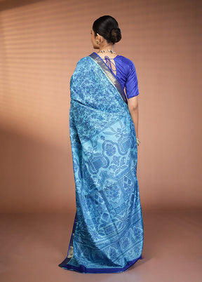 Blue Printed Pure Silk Saree Without Blouse Piece